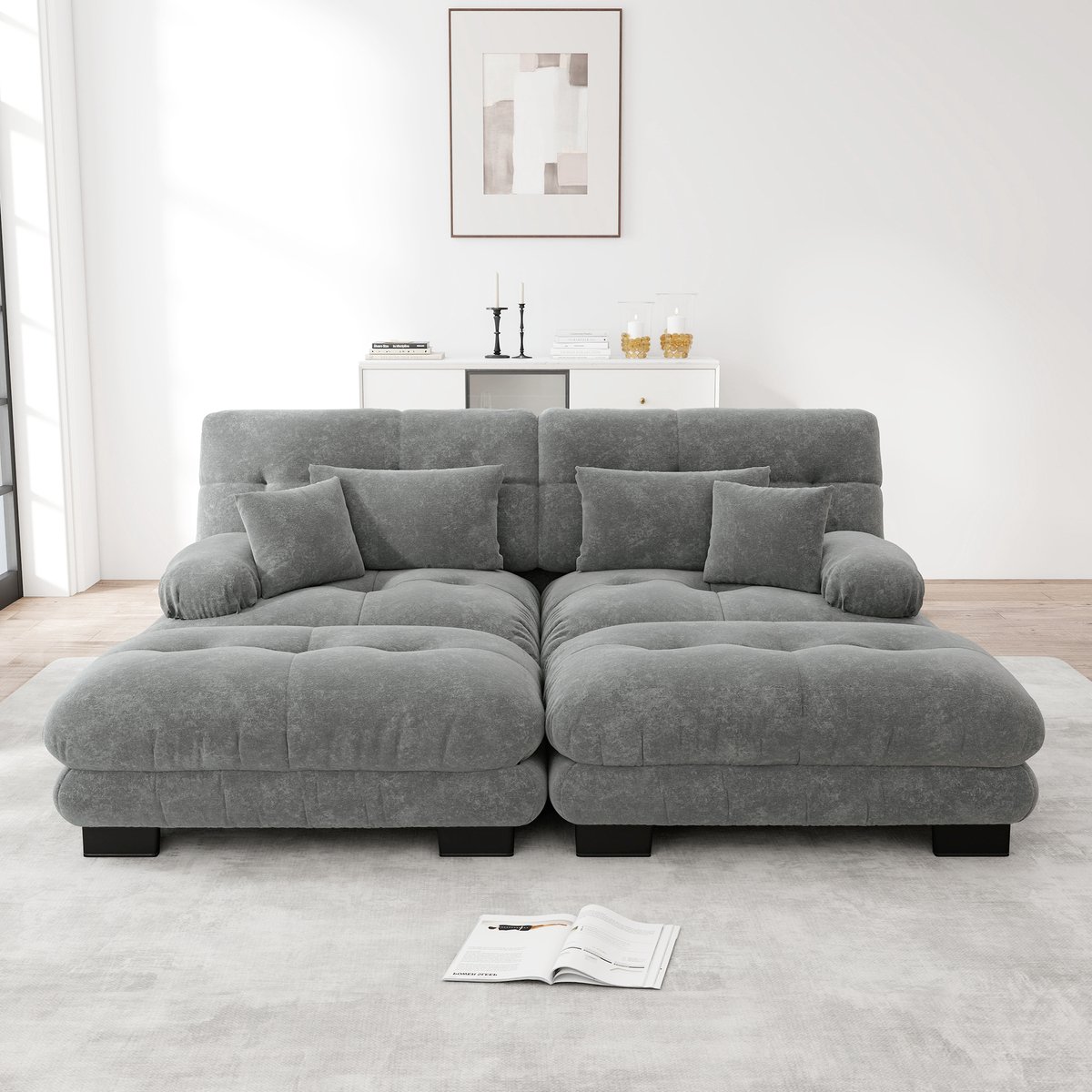 Modulaire cloud bank met 2 ottomans - voor woonkamer en appartement - 2-4 persoons - Grijs - chenille stof, diepe zit - brede armleuningen (ergonomische hoofdsteun) - incl. 2 lenden- en 2 sierkussens - vacuüm verpakt, geen montage