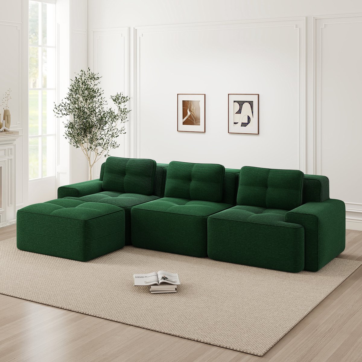 Modulaire L-vormige cloud bank met ottoman - voor woonkamer - 3-zits - Groen - corduroy stof, diepe zit 74 cm - montagevrij en antislip - huisdiervriendelijk en vacuüm verpakt