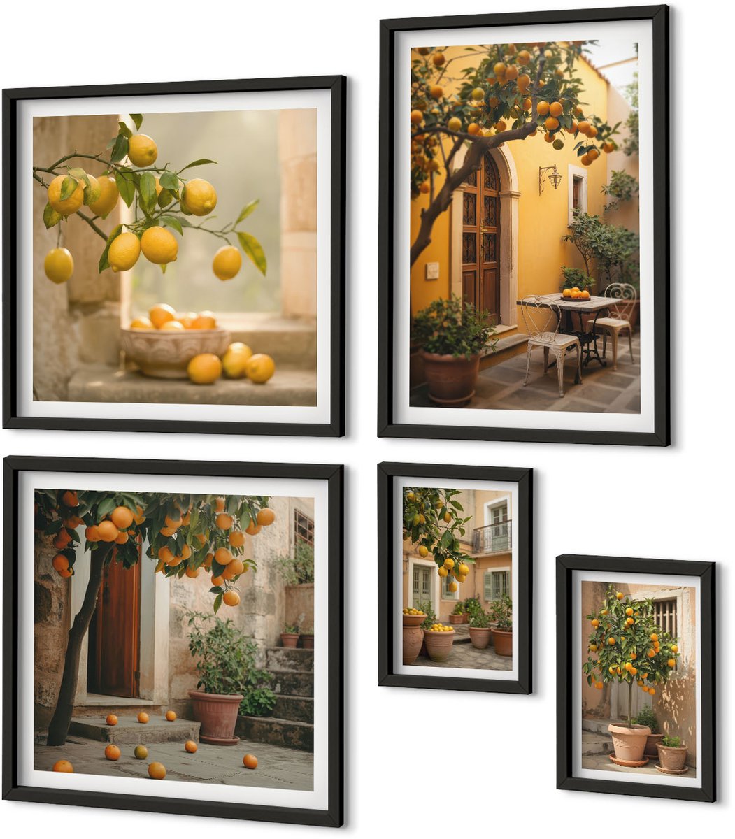 Coloray 5-Delige Schilderij Set - Citrusvruchten In Charmante Hoekjes Van De Tuin - 50 x 50 cm, 20 x 30 cm En 40 x 60 cm - Muurdecoratie - Interieur Decoratie - Stijlvolle Muurdecoratie Zwarte lijst