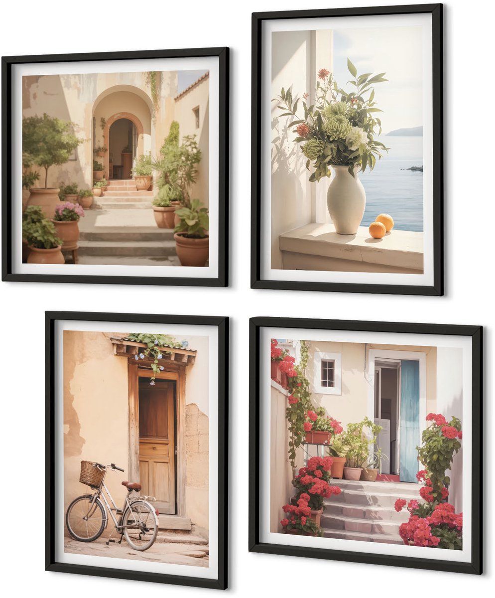 Coloray 4-Delige Schilderij Set - Charmante Straatjes Langs De Kust Met Bloemen En Fietsen. - 40 x 40 cm En 40 x 60 cm - Moderne Wanddecoratie - Woonkamer Zwarte lijst