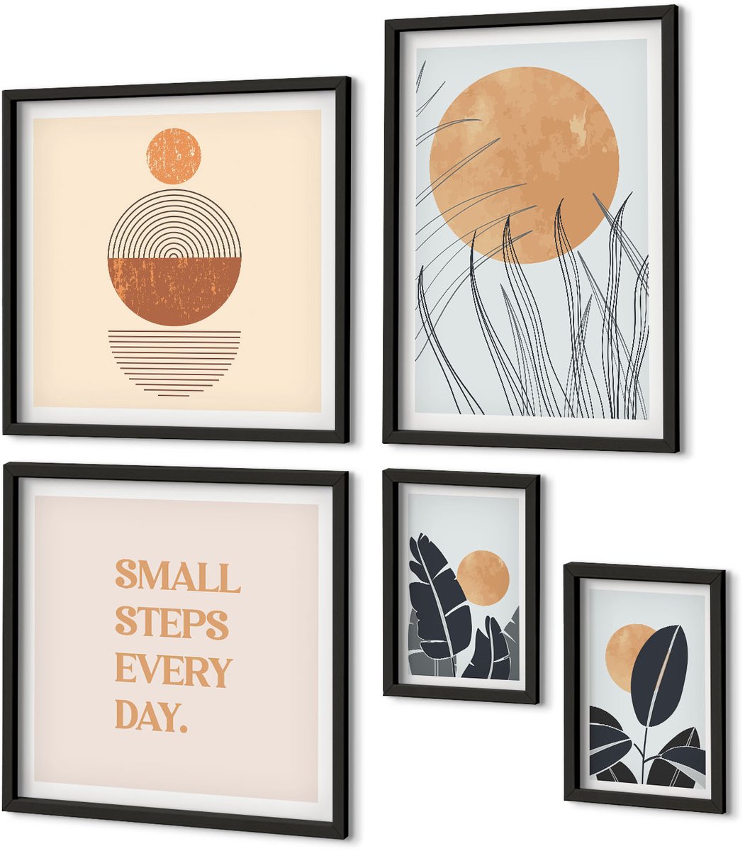 Coloray 5-Delige Schilderij Set - Stijlvolle Afbeeldingen Met Plantmotieven En Inspirerende Slogans. - 50 x 50 cm, 20 x 30 cm En 40 x 60 cm - Stijlvolle Muurdecoratie - Slaapkamer Zwarte lijst