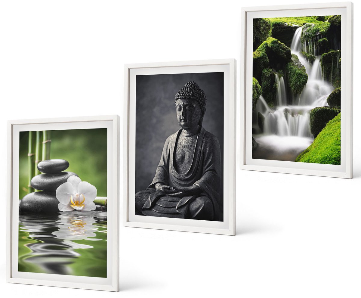 Coloray 3-Delige Schilderij Set - Rustgevende Zen-Afbeeldingen Met Water, Stenen En Boeddha - 40 x 60 - Wanddecoratie - Schilderijen Set - Interieur