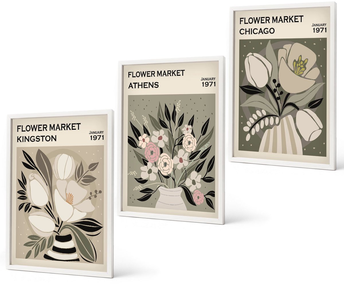Coloray 3-Delige Schilderij Set - Bloemstukken Uit Verschillende Steden In Retrostijl - 40 x 60 - Decoratieve Schilderijen - Wanddecoratie - Hal - Stijlvolle Muurdecoratie