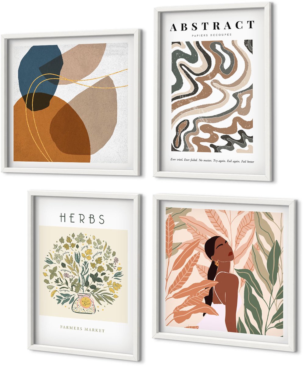 Coloray 4-Delige Schilderij Set - Boho-Esthetiek, Pastelkleurige Minimalistische Posters - 40 x 40 En 40 x 60 - Wanddecoratie - Schilderijen Set - Kantoor - Woonkamer Decoratie