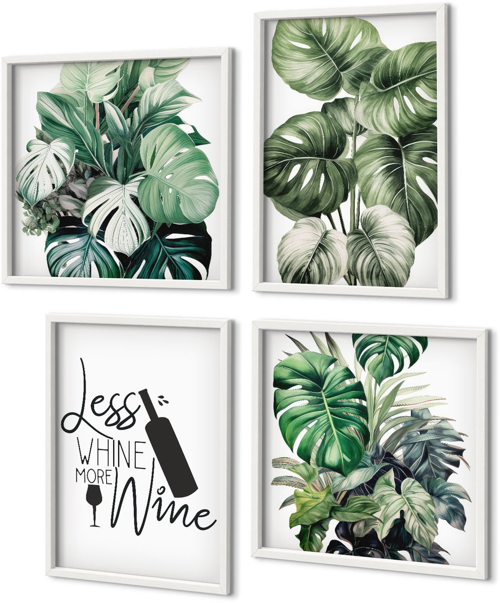 Coloray 4-Delige Schilderij Set - Groene Plantenbladeren Met Het Opschrift "Wijn". - 40 x 40 En 40 x 60 - Stijlvolle Muurdecoratie - Kantoor - Interieur Decoratie