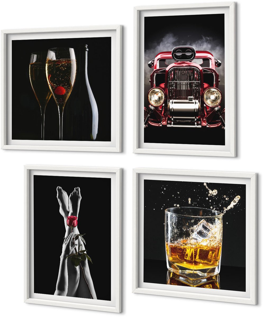 Coloray 4-Delige Schilderij Set - Vrouwenbenen Met Roos, Oude Auto, Wijn, Whisky - 40 x 40 En 40 x 60 - Moderne Wanddecoratie - Slaapkamer - Stijlvolle Muurdecoratie