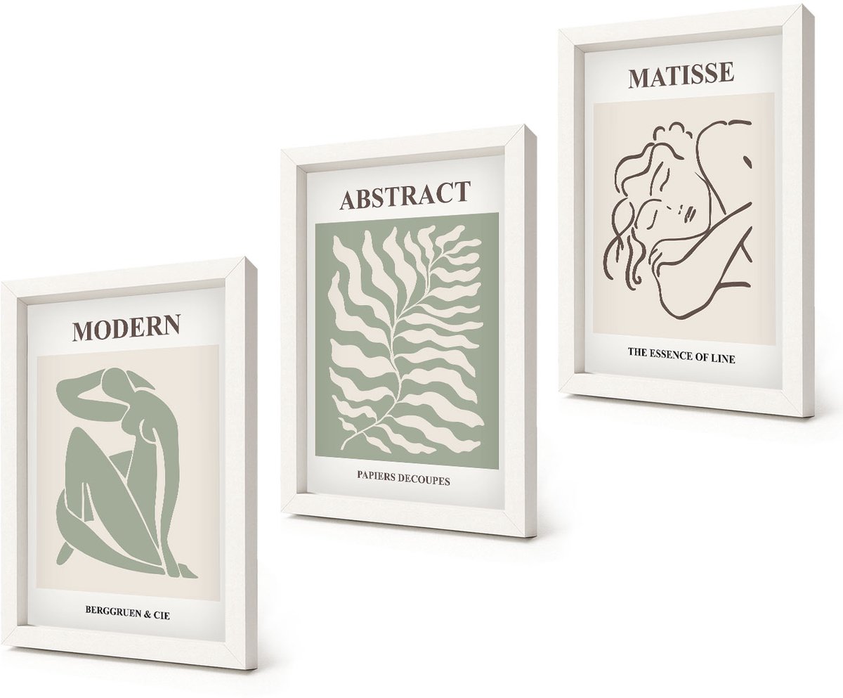 Coloray 3-Delige Schilderij Set - Stijlvolle schilderijen in groene tinten met figuren en bladeren. - 20x30 - Muurdecoratie - Decoratieve Schilderijen - Wohnzimmer - Moderne Wanddecoratie