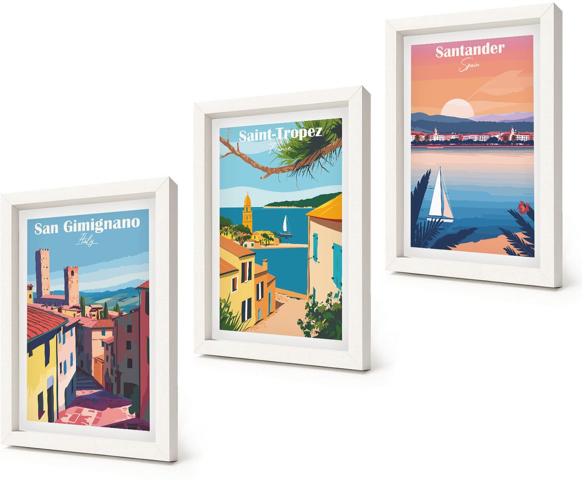 Coloray 3-Delige Schilderij Set - Italiaanse stadjes en retro kustlandschappen - 20x30 - Decoratieve Schilderijen - Woonkamer - Interieur - Wanddecoratie
