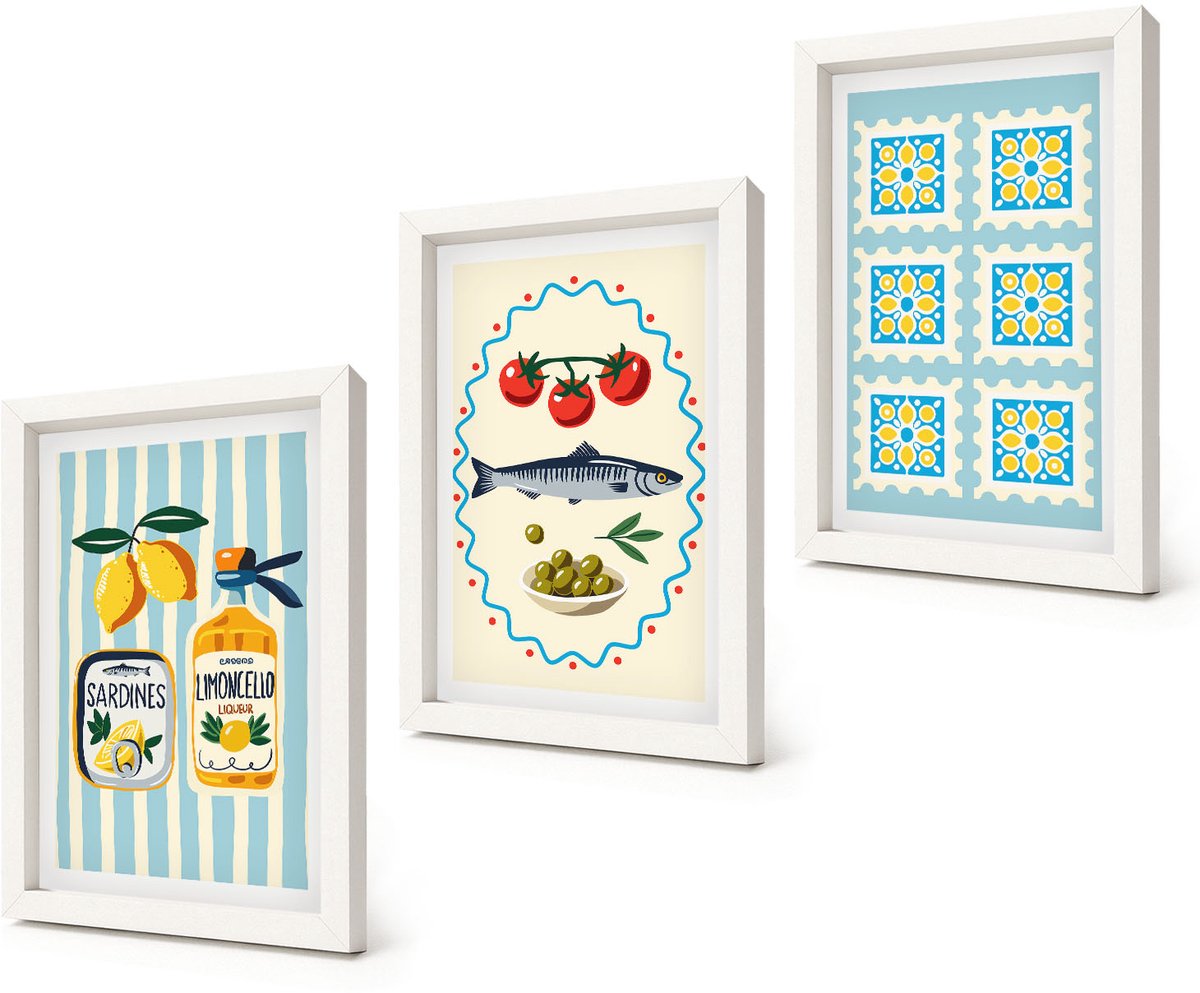 Coloray 3-Delige Schilderij Set - Illustraties van keukens in mediterrane stijl - 20x30 - Wanddecoratie - Schilderijen Set - Kantoor - Decoratieve Schilderijen