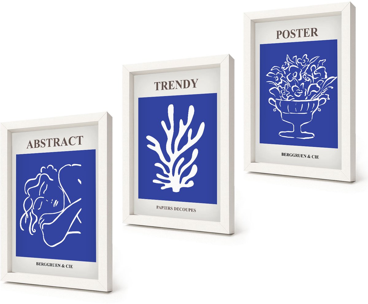 Coloray 3-Delige Schilderij Set - Stijlvolle blauwe posters van Henri Matisse - 20x30 - Stijlvolle Muurdecoratie - Kantoor - Wanddecoratie