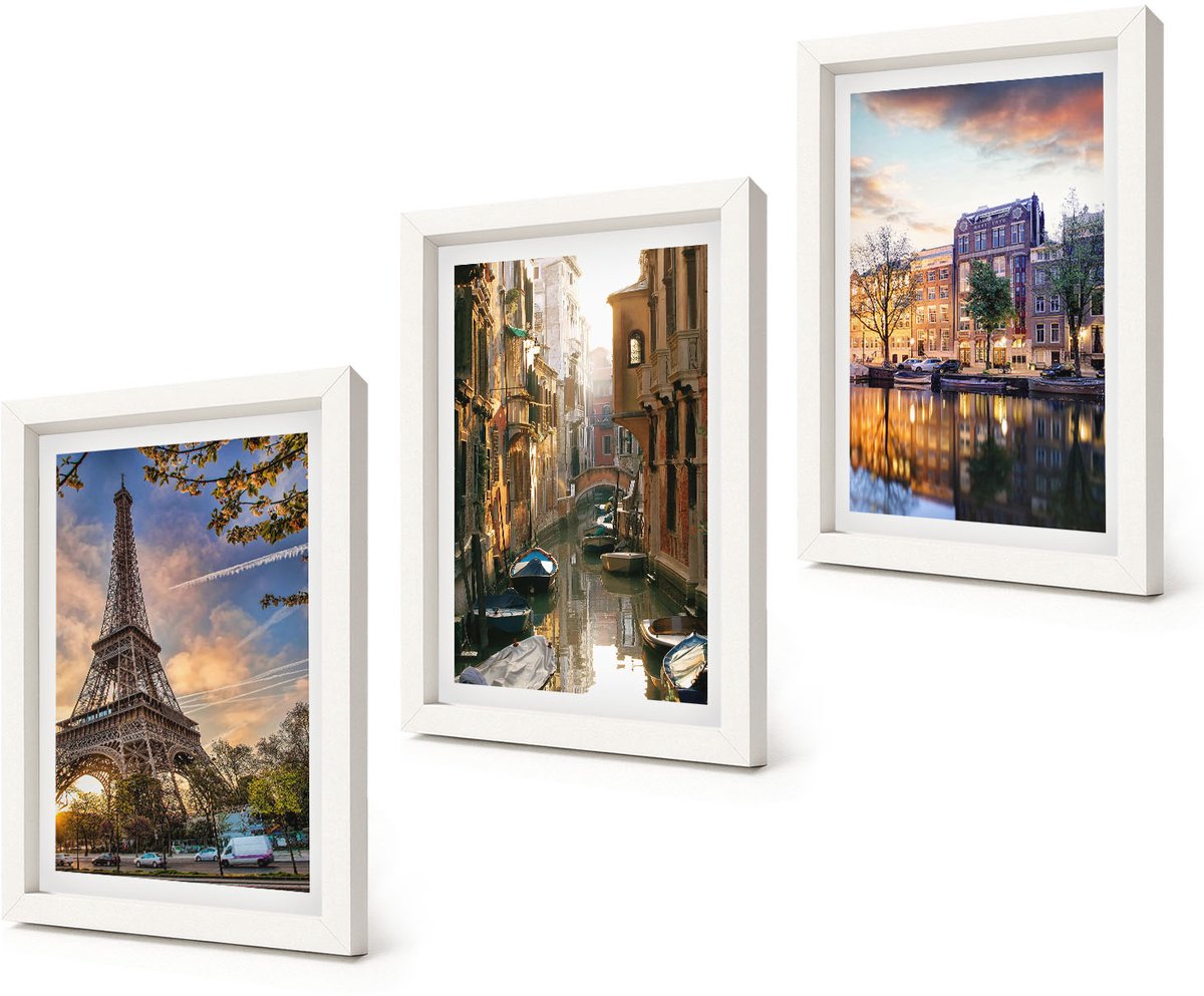 Coloray 3-Delige Schilderij Set - De Eiffeltoren, de grachten van Venetië en de straten van Amsterdam. - 20x30 - Stijlvolle Muurdecoratie - Kantoor - Decoratieve Schilderijen