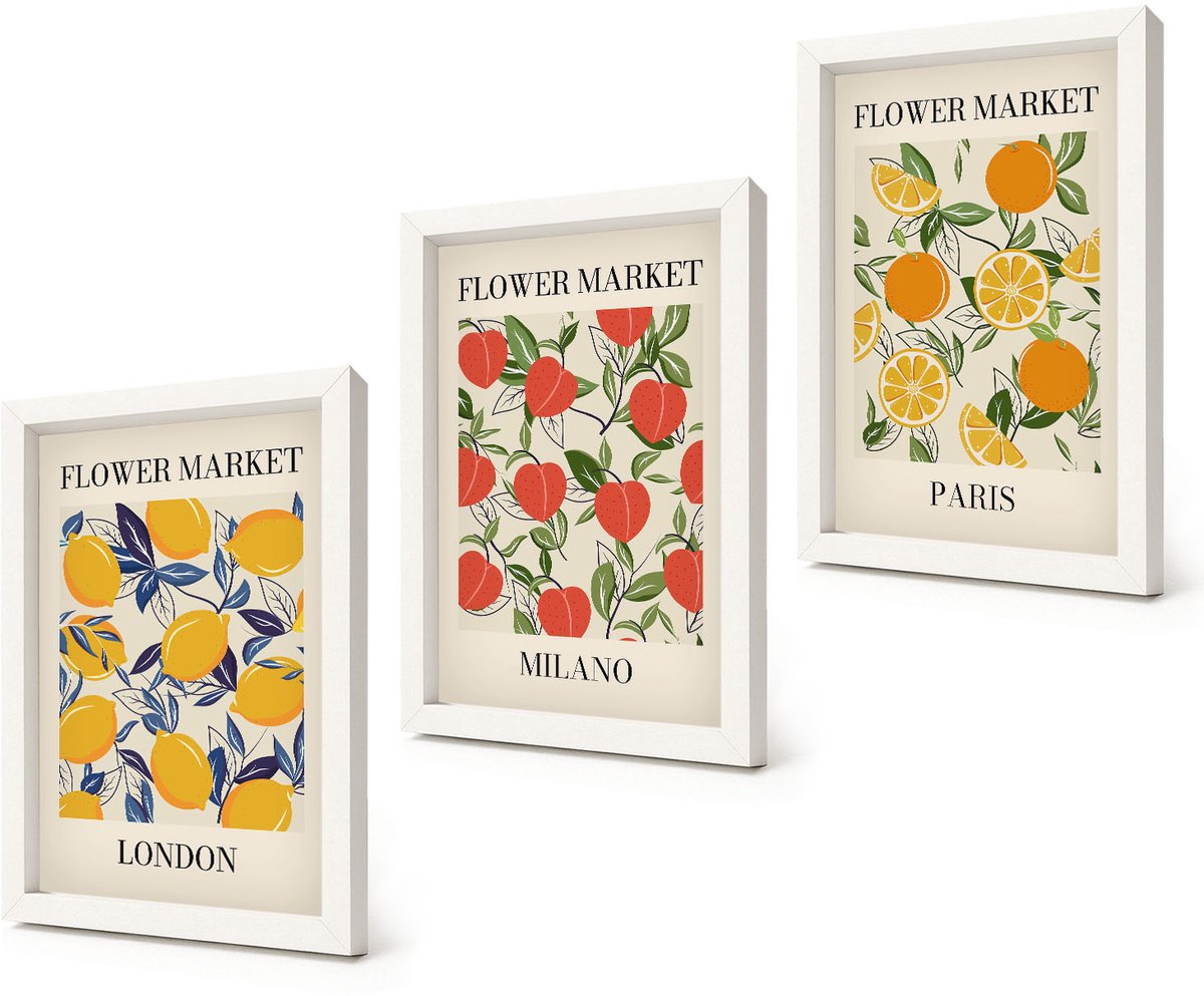 Coloray 3-Delige Schilderij Set - Bloemenposters in Londen, Milaan en Parijs - 20x30 - Stijlvolle Muurdecoratie - Slaapkamer