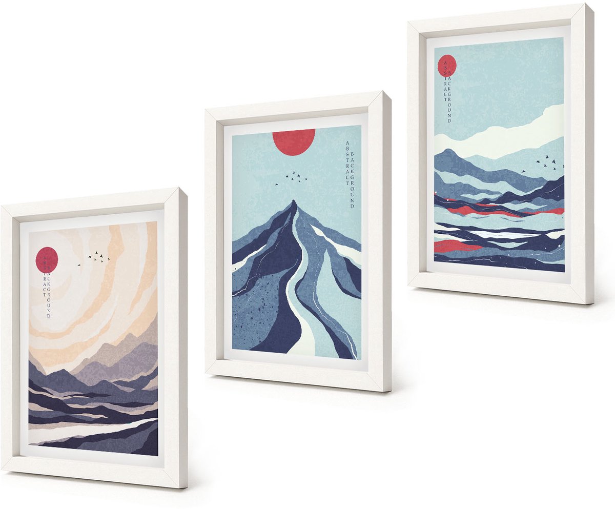 Coloray 3-Delige Schilderij Set - Abstracte berglandschappen in Japanse stijl - 20x30 - Wanddecoratie - Muurdecoratie - Moderne Interieurdecoratie - Decoratieve Schilderijen