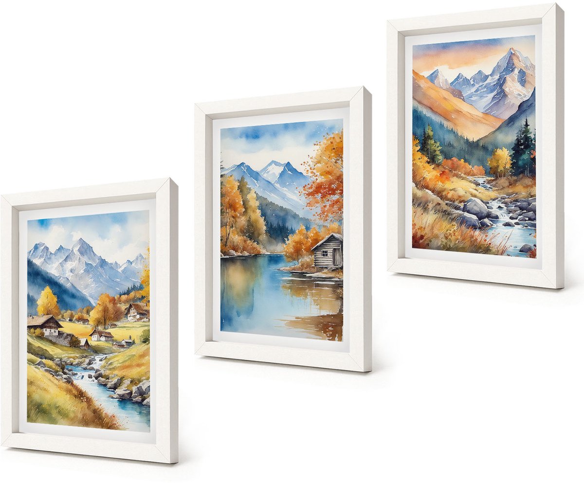 Coloray 3-Delige Schilderij Set - Geschilderde herfstbergen met een rivier en huisjes - 20x30 - Decoratieve Schilderijen - Woonkamer - Interieur - Woonkamer Decoratie
