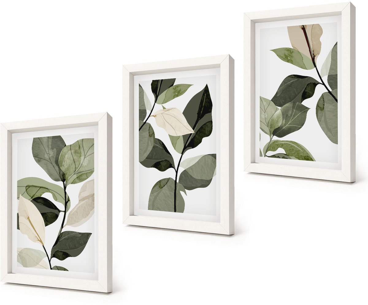 Coloray 3-Delige Schilderij Set - Geschilderde delicate boho-plantenbladeren - 20x30 - Decoratieve Schilderijen - Wanddecoratie - Hal - Moderne Wanddecoratie