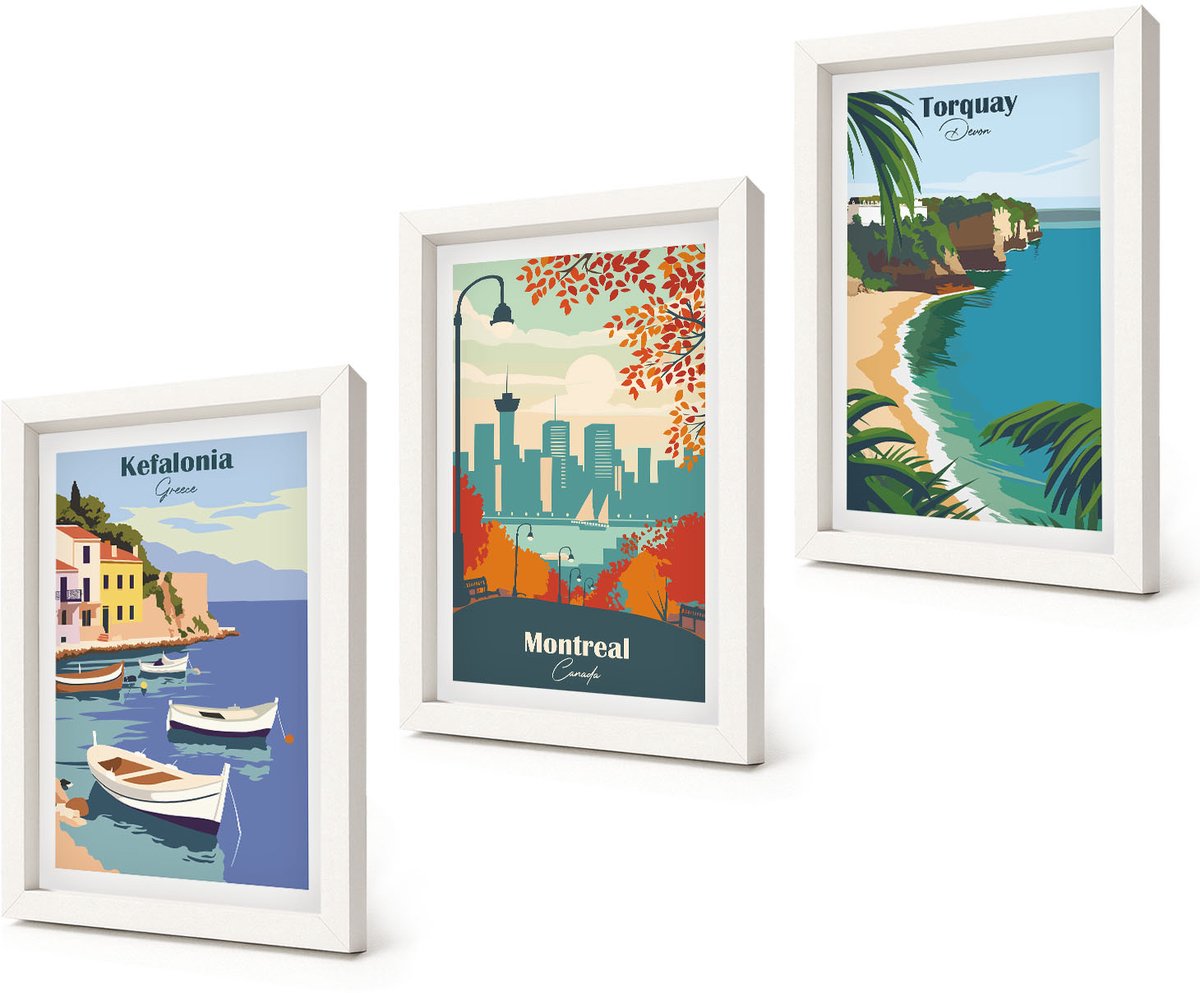 Coloray 3-Delige Schilderij Set - Stadsgezichten en landschappen uit Griekenland, Canada en Australië - 20x30 - Wanddecoratie - Muurdecoratie - Woonkamer - Decoratieve Schilderijen