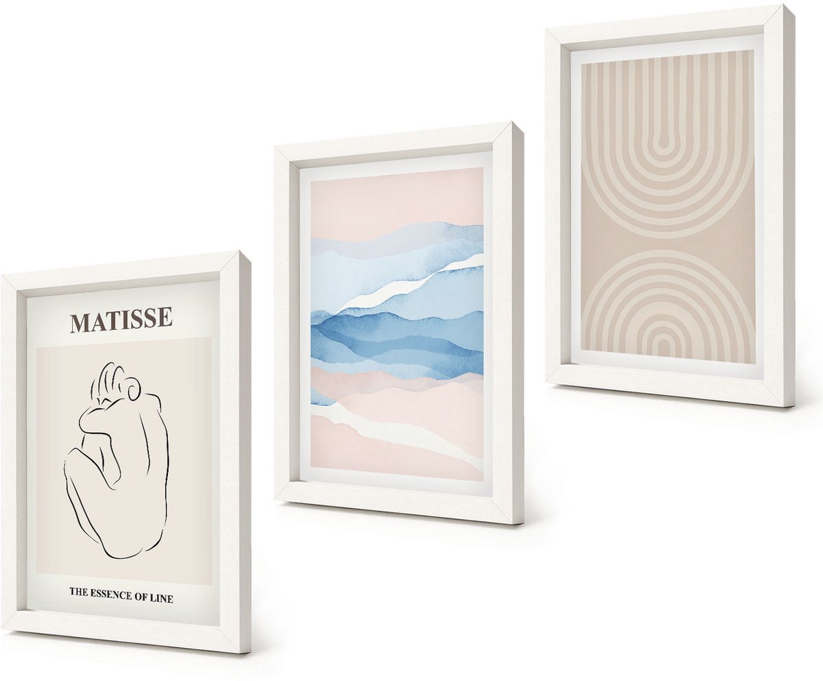 Coloray 3-Delige Schilderij Set - Lijnen en golven in pasteltinten met een minimalistisch accent. - 20x30 - Muurdecoratie - Schilderijen Set - Woonkamer - Woonkamer Decoratie