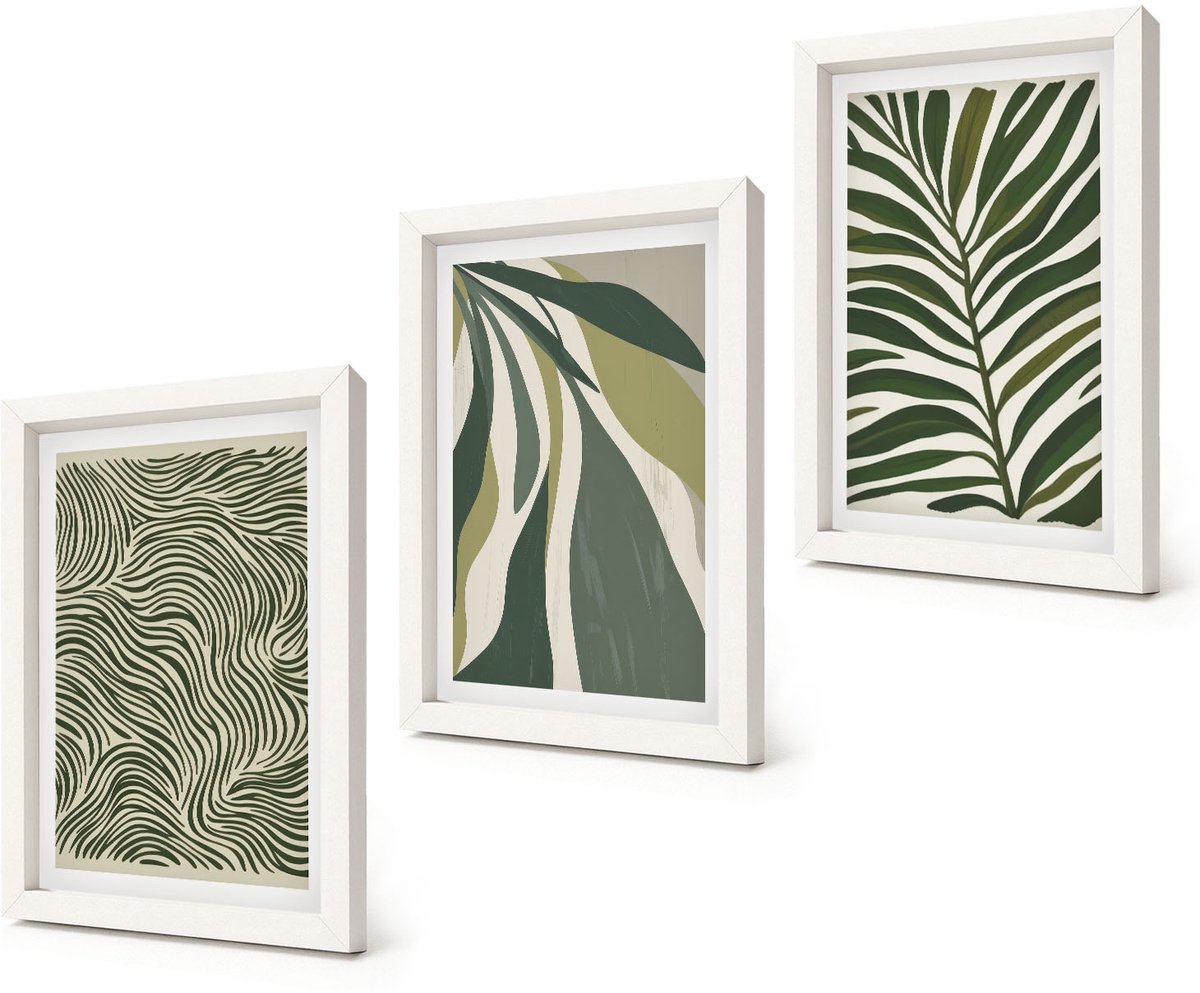 Coloray 3-Delige Schilderij Set - Bladpatronen en golvende lijnen in groene tinten - 20x30 - Muurdecoratie - Wanddecoratie - Slaapkamer - Interieur Decoratie
