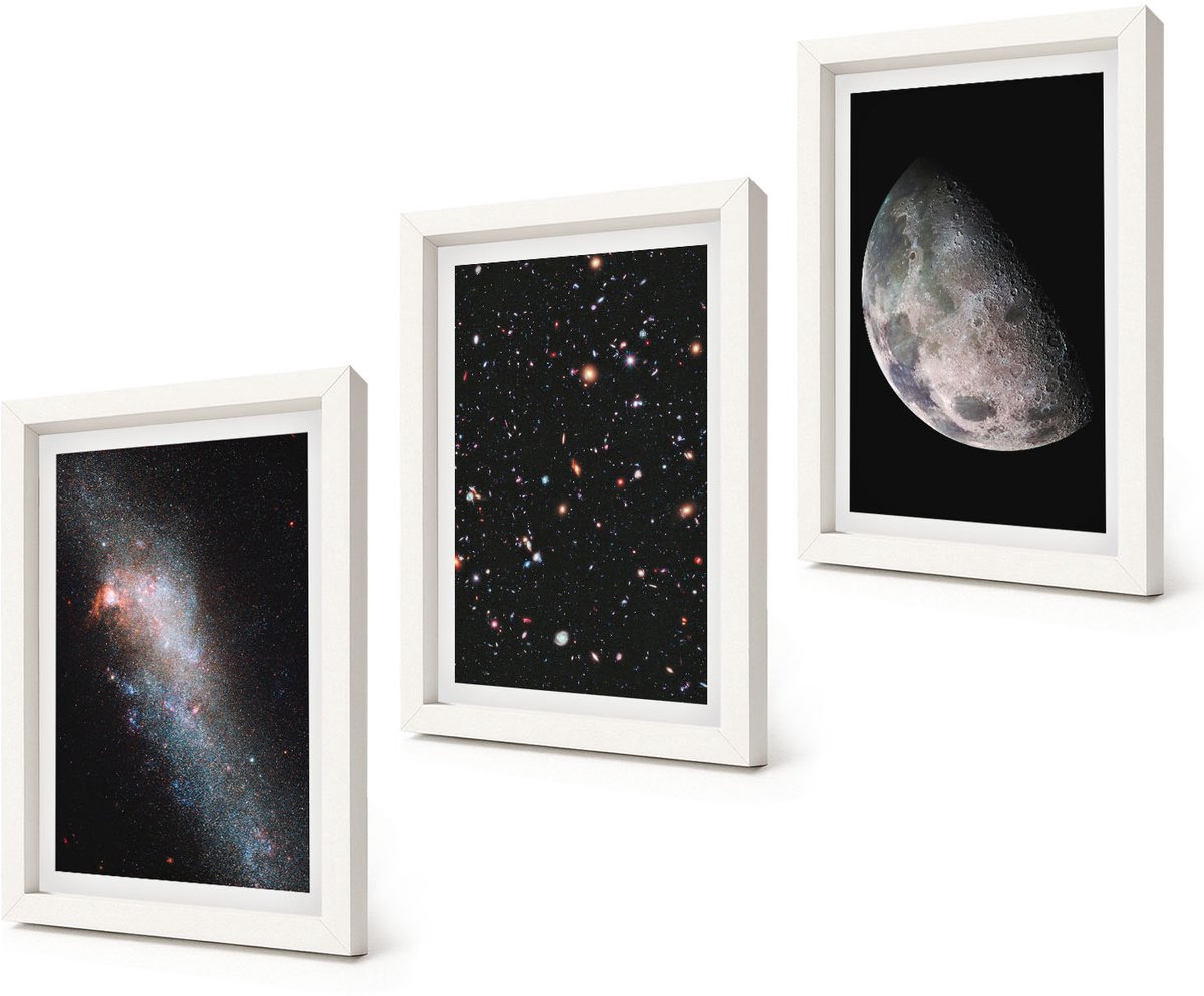 Coloray 3-Delige Schilderij Set - Ruimte, Melkweg, Sterren en Volle Maan - 20x30 - Decoratieve Schilderijen - Woonkamer - Interieur - Muurdecoratie