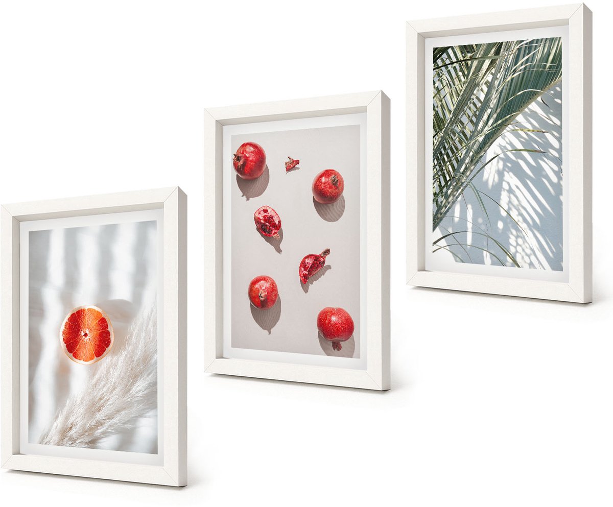Coloray 3-Delige Schilderij Set - Tropische zomervruchten, palmbladeren - 20x30 - Wanddecoratie - Schilderijen Set - Interieur - Stijlvolle Muurdecoratie