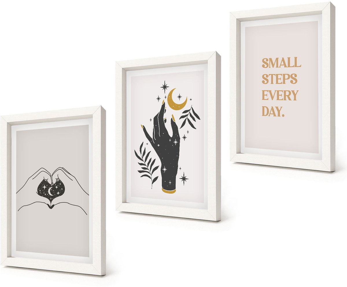 Coloray 3-Delige Schilderij Set - Minimalistische illustraties die boho-tekst inspireren - 20x30 - Wanddecoratie - Schilderijen Set - Interieur