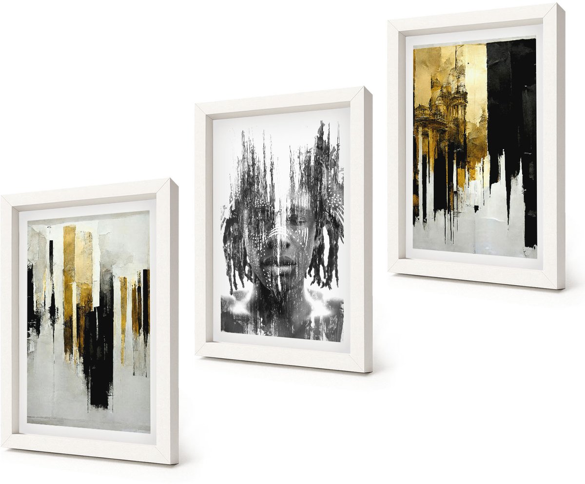 Coloray 3-Delige Schilderij Set - Contrasterende abstracties met portret en architectuur - 20x30 - Decoratieve Schilderijen - Woonkamer - Interieur