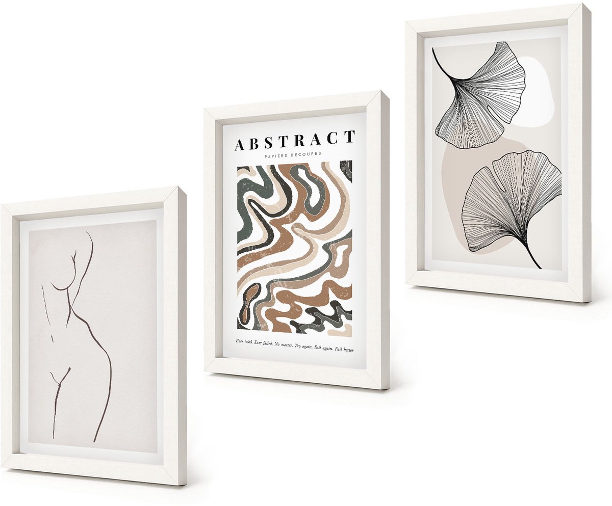 Coloray 3-Delige Schilderij Set - Abstracte poster met vrouwelijke vormen en bladeren in boho-stijl. - 20x30 - Wanddecoratie - Woonkamer Decoratie - Decoratieve Schilderijen
