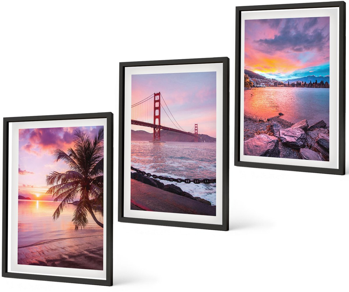 Coloray 3-Delige Schilderij Set - Zonsondergangen Boven De Brug En Het Waterlandschap - 40 x 60 cm - Muurdecoratie - Wanddecoratie - Hal - Interieur Decoratie
