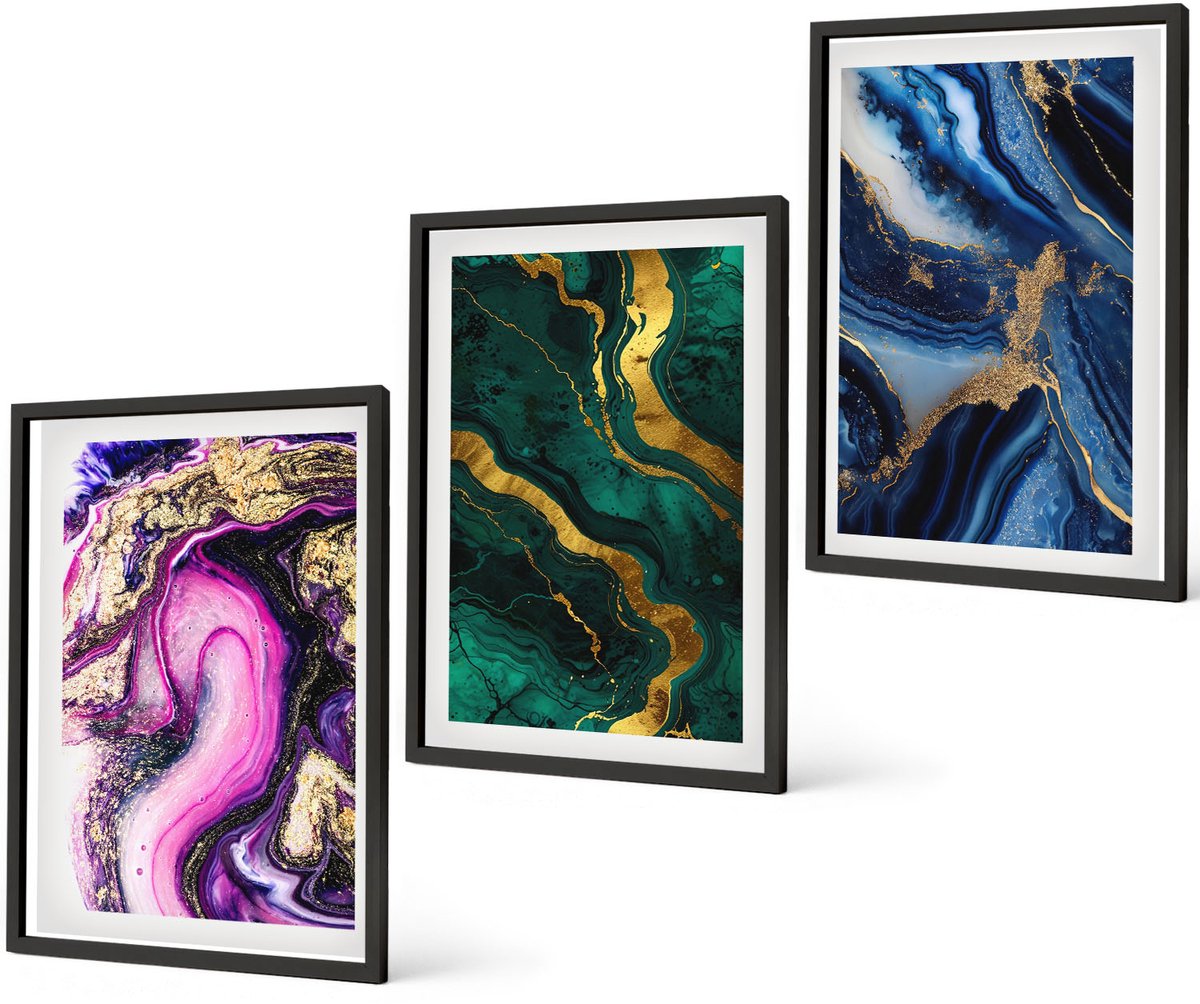 Coloray 3-Delige Schilderij Set - Abstracte Patronen In Tinten Roze, Groen En Blauw. - 40 x 60 cm - Wanddecoratie - Muurdecoratie - Moderne Interieurdecoratie - Stijlvolle Muurdecoratie