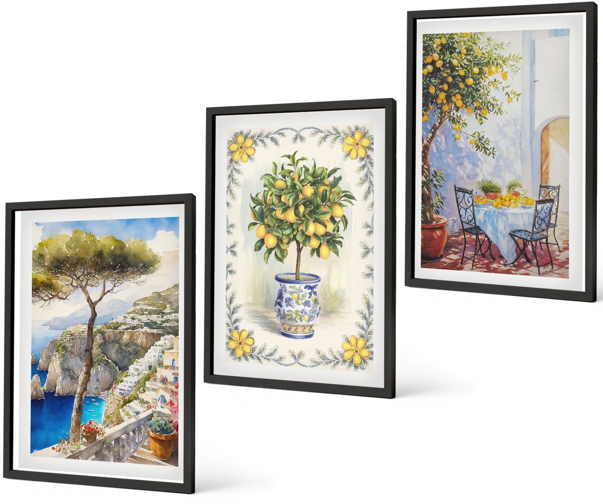 Coloray 3-Delige Schilderij Set - Uitzicht Op Zee Met Citroenbomen - 40 x 60 cm - Wanddecoratie - Schilderijen Set - Interieur - Decoratieve Schilderijen