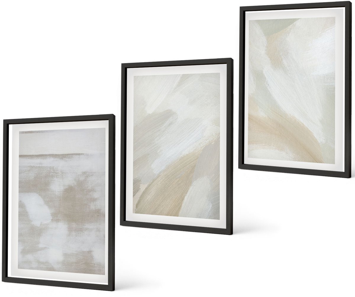 Coloray 3-Delige Schilderij Set - Abstracte Penseelstreken Op Canvas - 40 x 60 cm - Muurdecoratie - Wanddecoratie - Slaapkamer - Stijlvolle Muurdecoratie Zwarte lijst