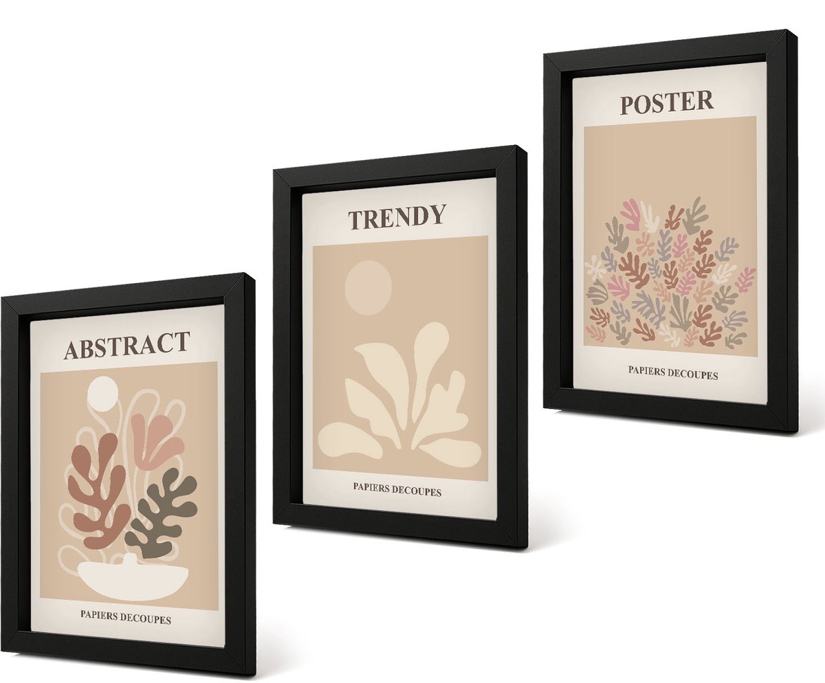 Coloray 4-Delige Schilderij Set - Posters met plantmotieven in beige en bruine tinten - 20 x 30 cm - Wanddecoratie - Woonkamer Decoratie - Decoratieve Schilderijen