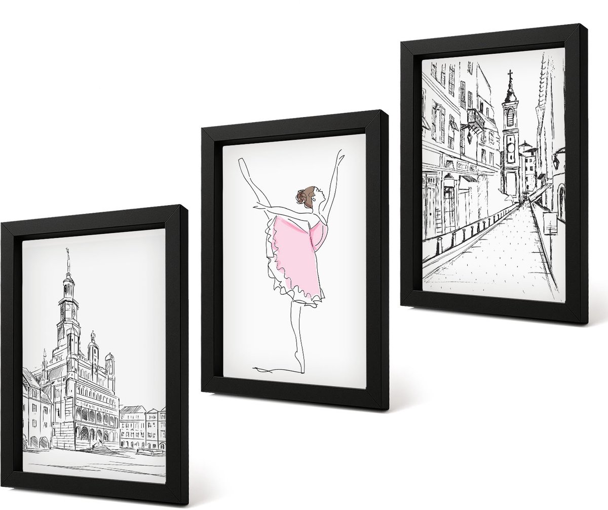 Coloray 4-Delige Schilderij Set - Stijlvolle schilderijen van een dansende ballerina en architectuur. - 20 x 30 cm - Decoratieve Schilderijen - Wanddecoratie - Hal - Stijlvolle Muurdecoratie