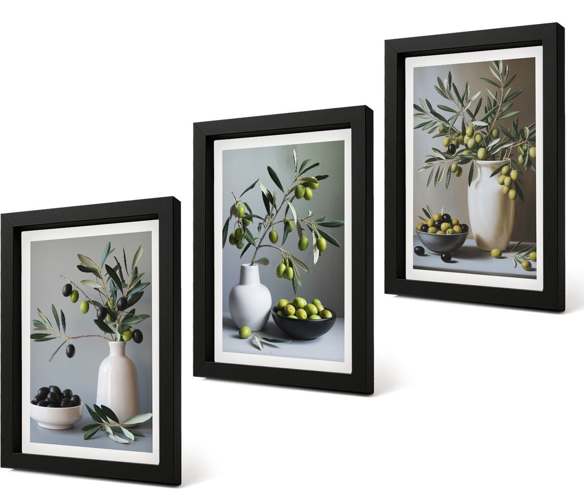 Coloray 4-Delige Schilderij Set - Olijven in vazen ​​tegen een achtergrond van gedempte kleuren. - 20 x 30 cm - Decoratieve Schilderijen - Wanddecoratie - Hal - Muurdecoratie