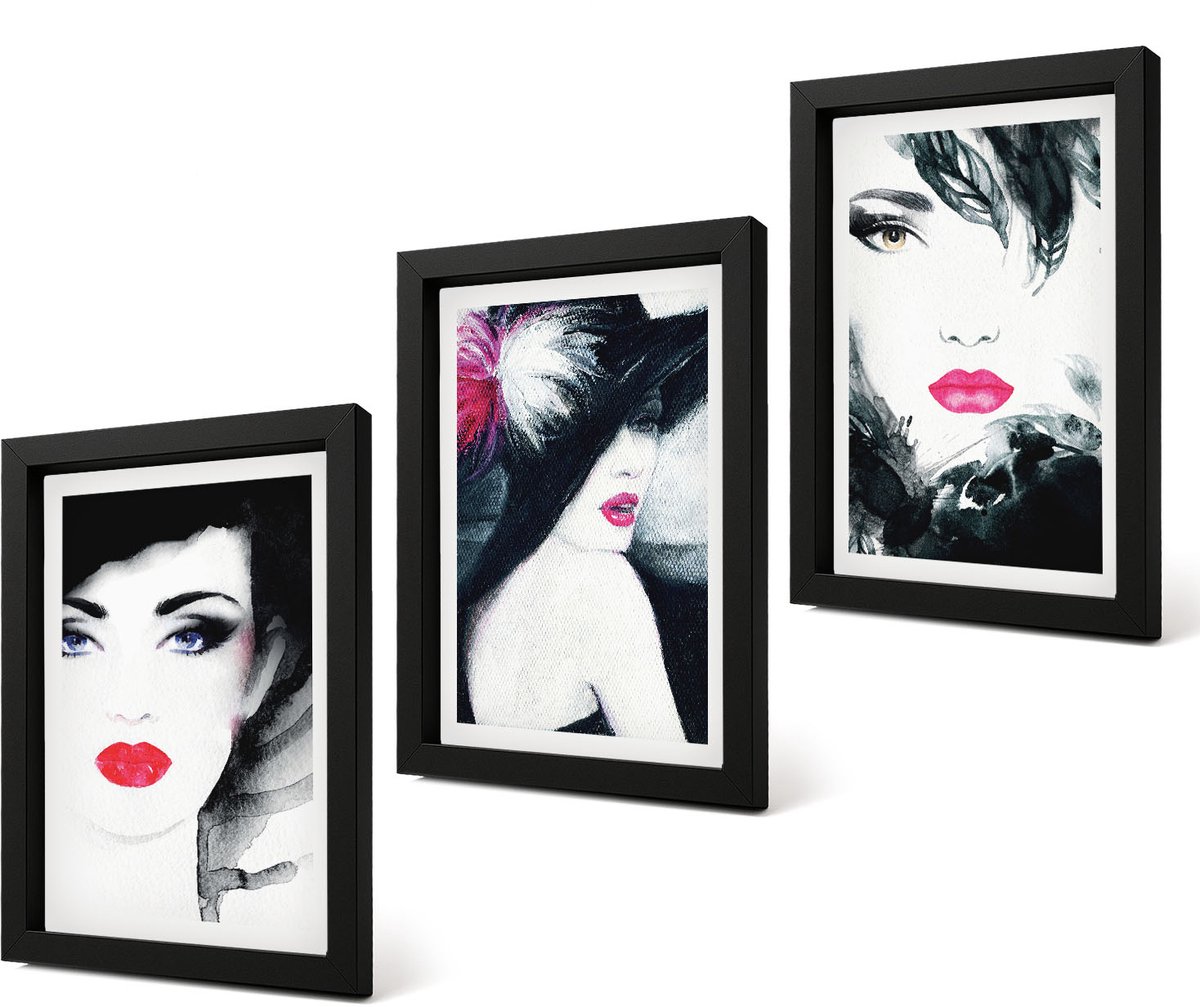 Coloray 4-Delige Schilderij Set - Geschilderde portretten van vrouwen met expressieve lippen - 20 x 30 cm - Wanddecoratie - Muurdecoratie - Moderne Interieurdecoratie - Decoratieve Schilderijen
