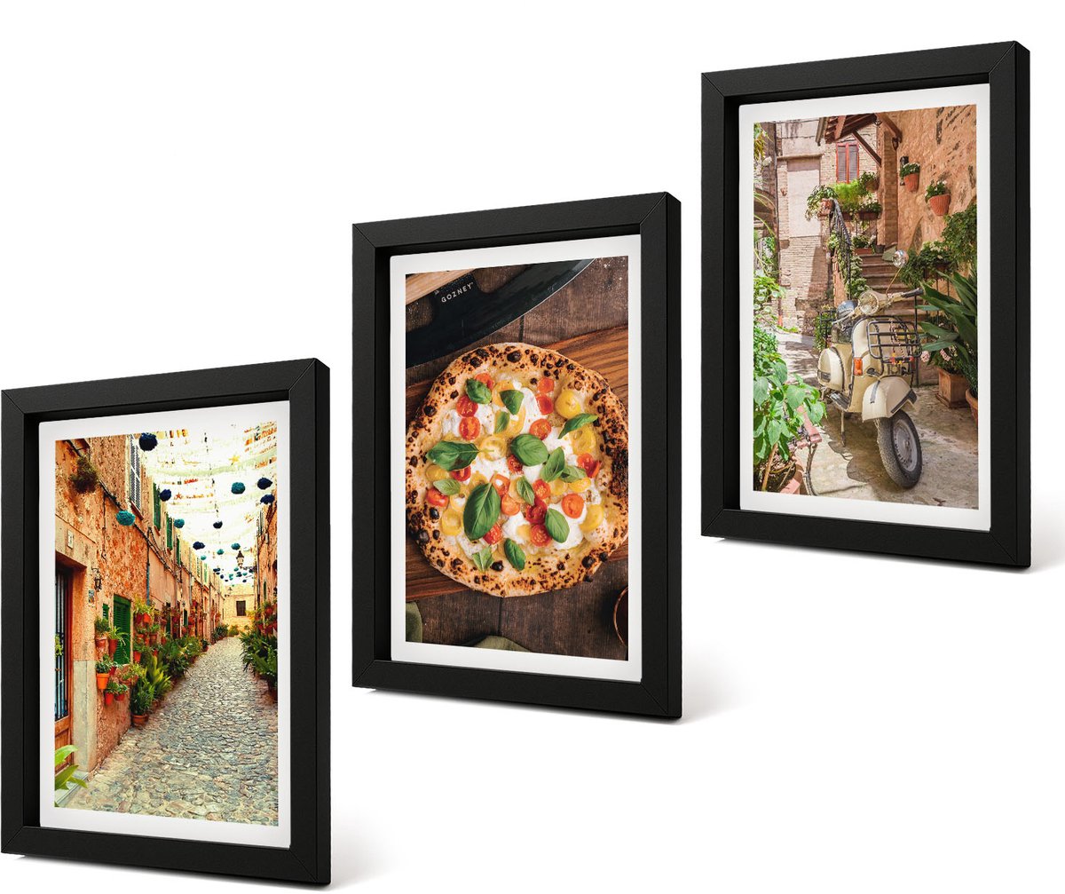 Coloray 4-Delige Schilderij Set - Sfeervolle straatjes met planten en Italiaanse pizza. - 20 x 30 cm - Stijlvolle Wanddecoratie - Interieur - Stijlvolle Muurdecoratie