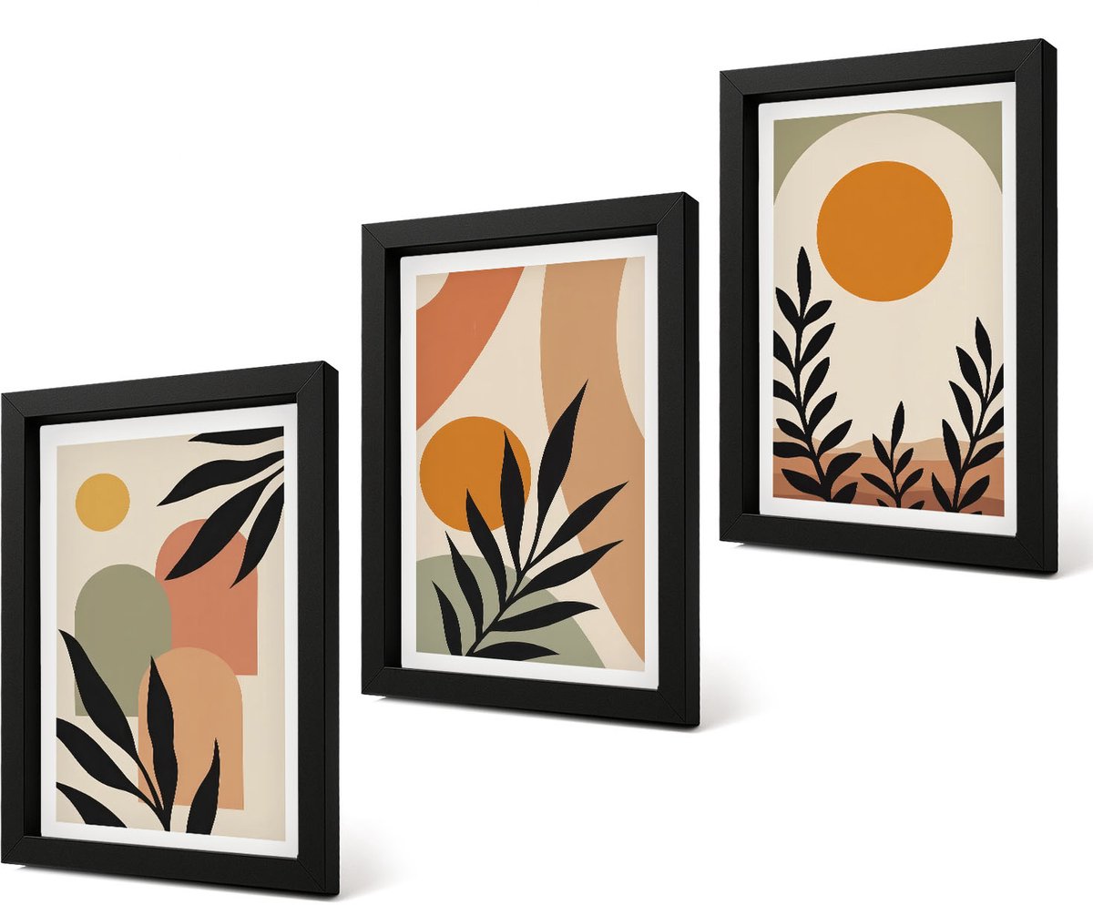 Coloray 4-Delige Schilderij Set - Abstracte vormen en plantmotieven in warme kleuren. - 20 x 30 cm - Wanddecoratie - Schilderijen Set - Kantoor