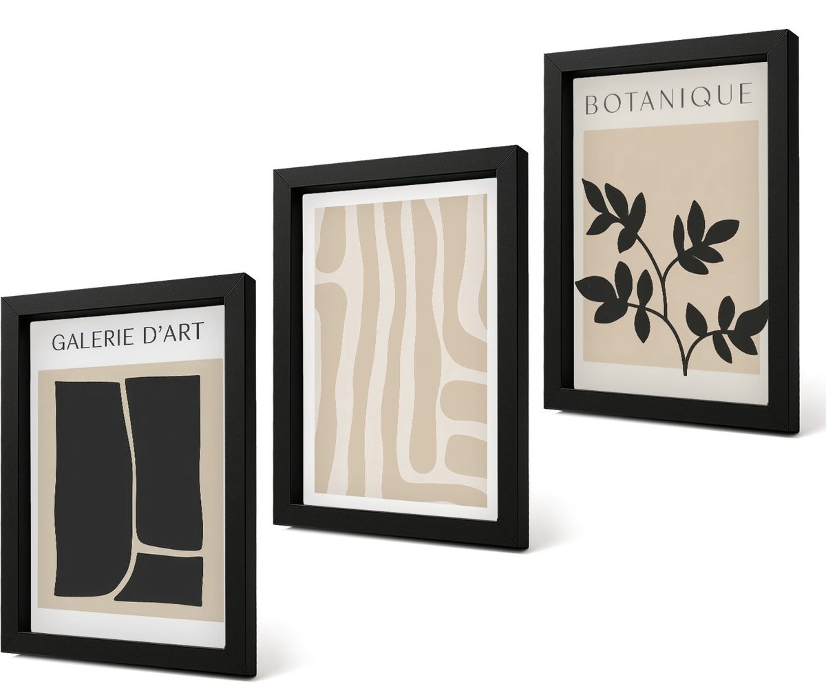 Coloray 4-Delige Schilderij Set - Abstracte vormen en plantmotieven in neutrale tinten. - 20 x 30 cm - Muurdecoratie - Wanddecoratie - Hal