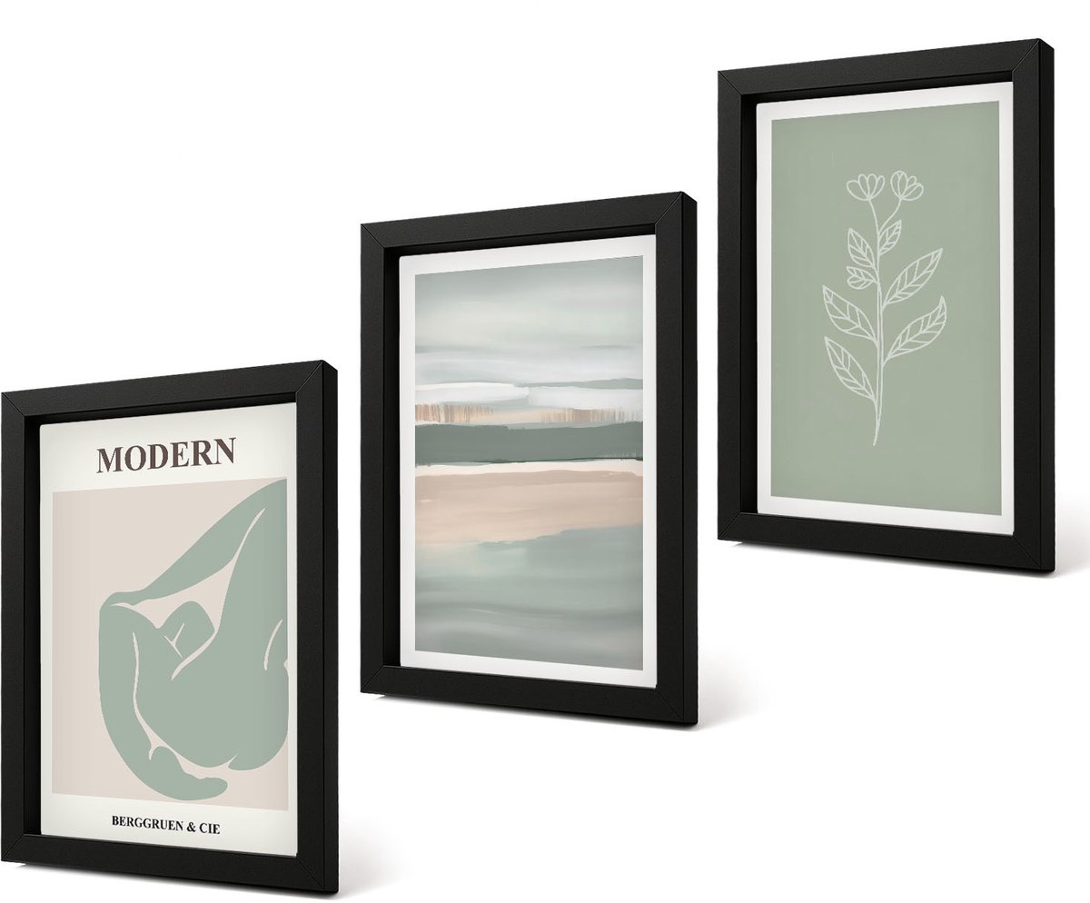 Coloray 4-Delige Schilderij Set - Abstracte vormen in pasteltinten met planten - 20 x 30 cm - Stijlvolle Wanddecoratie - Interieur - Woonkamer Decoratie