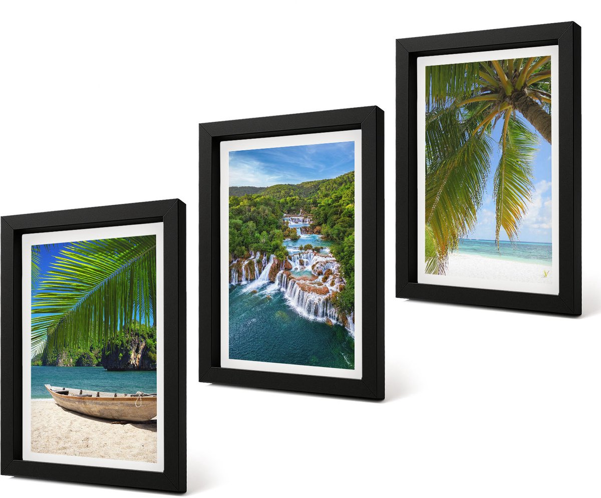 Coloray 4-Delige Schilderij Set - Strand met boten, watervallen en palmbomen in de tropen - 20 x 30 cm - Stijlvolle Wanddecoratie - Interieur - Decoratieve Schilderijen