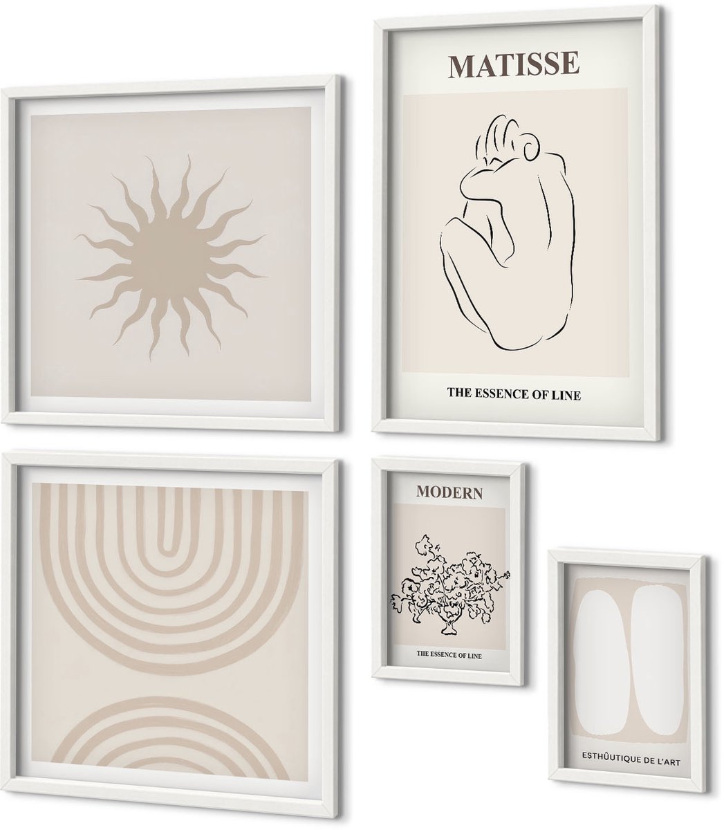 Coloray 5-Delige Schilderij Set - Minimalistische Lijnen En Abstracte Vormen In De Moderne Kunst - 50 x 50 cm, 20 x 30 cm En 40 x 60 cm - Decoratieve Schilderijen - Woonkamer - Interieur - Stijlvolle Muurdecoratie