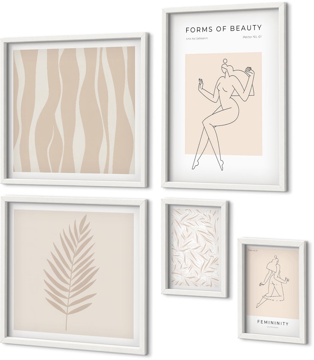 Coloray 5-Delige Schilderij Set - Stijlvolle Graphics Met Vrouwelijke Silhouetten En Plantmotieven. - 50 x 50 cm, 20 x 30 cm En 40 x 60 cm - Schilderijen Set - Wanddecoratie - Woonkamer - Decoratieve Schilderijen