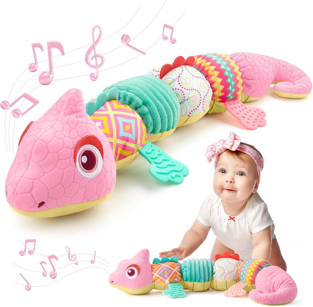 Casalora® Pluche babyspeelgoed – Rustgevend speeltje voor pasgeborenen – Buikligtrainer Baby – Sensorisch pluche speeltje met geluid, grijpring en muziek – Sensorisch speelgoed voor baby's – Geschikt voor baby's van 0–1 jaar – Roze