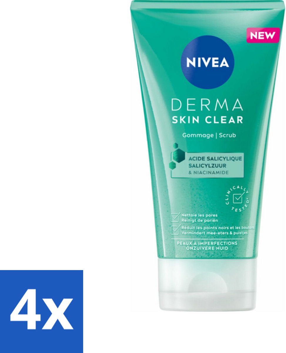 4 x NIVEA - Gezichtsscrub - DERMA Huidzuiver - Voor onzuivere huid - Met Salicylzuur (AHA) & Niacinamide - Tegen Acne & Mee-eters - 150 ml - Gezichtscrub - Puistjes - Mee-eters - Onzuivere Huid - Salicylzuur