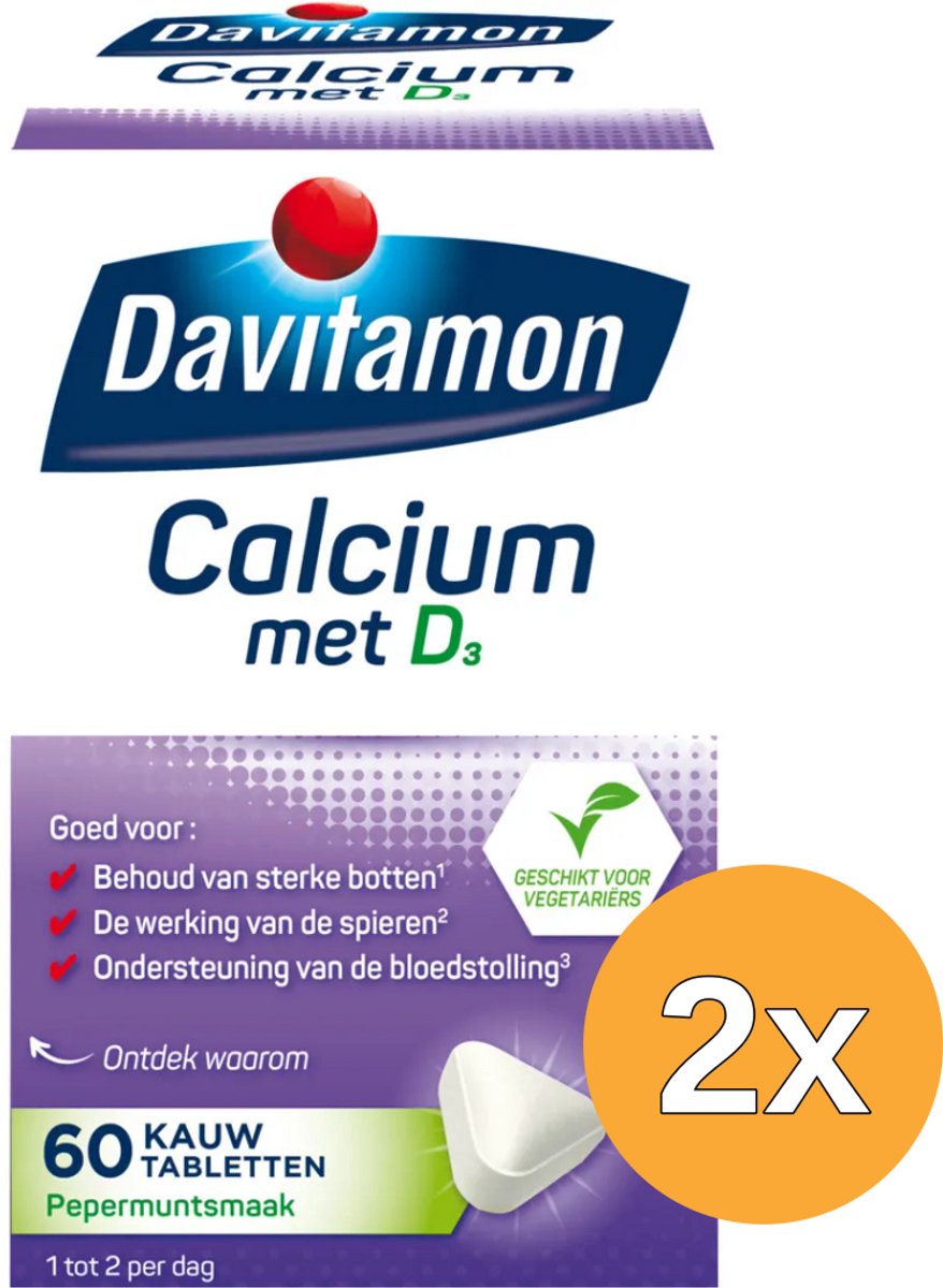 2x Davitamon Calcium & D3 mint (60 kauwtabletten)