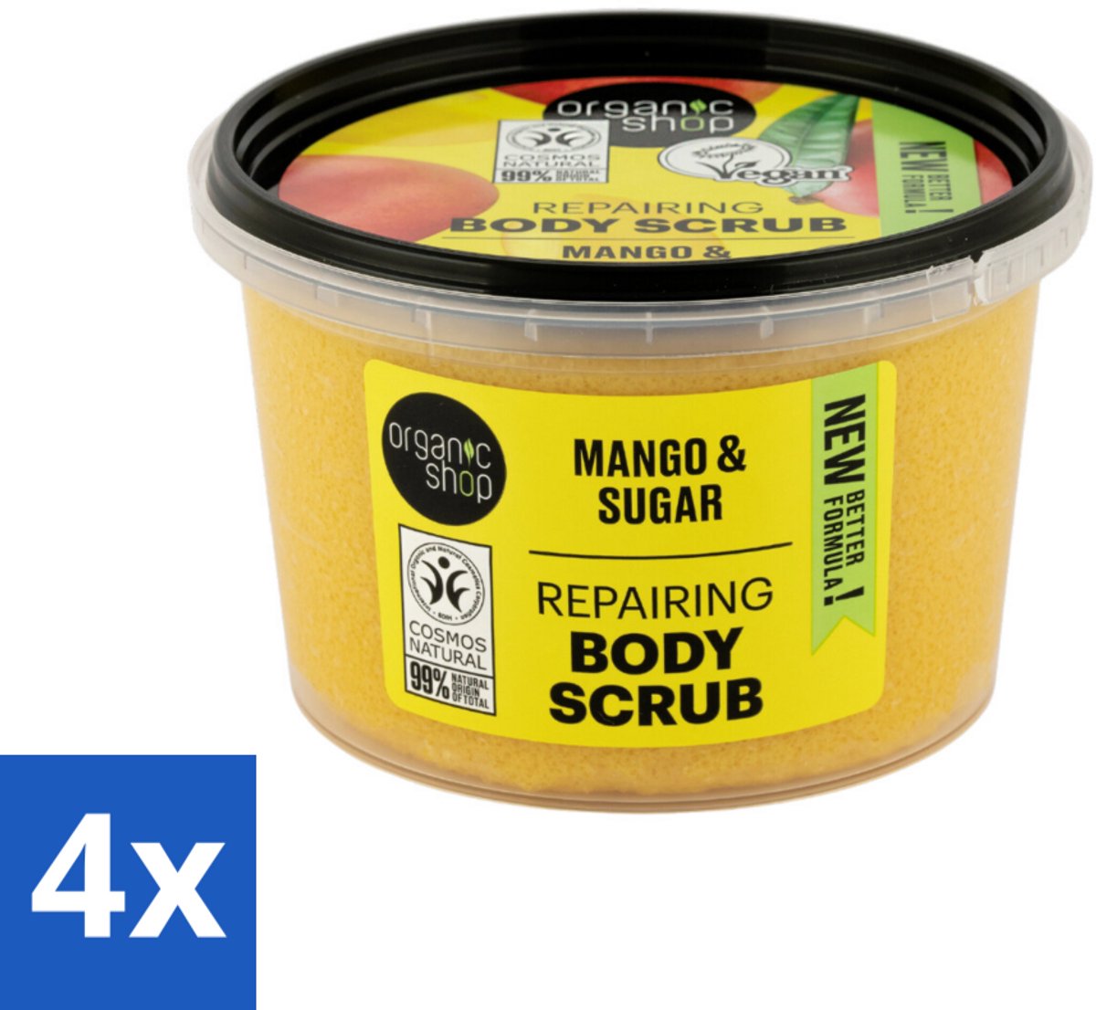 4 x Organic Shop - Organic Mango & Sugar Body Scrub - Peeling en Geur - 250 ml - Organische Scrub - Mango Scrub - Body Scrub - Huidvernieuwing - Exfoliatie