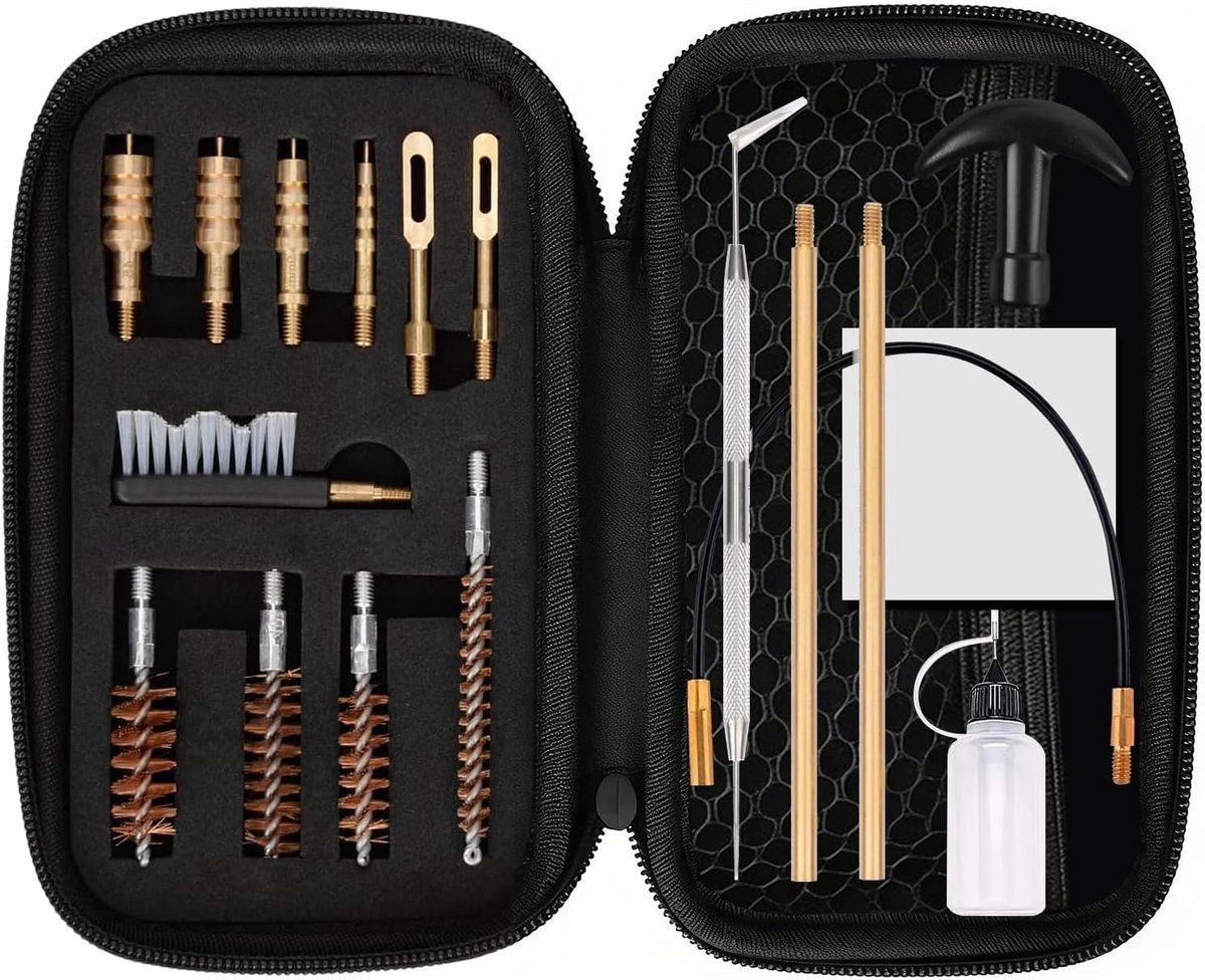 Wapenreinigingsset 16 delig - voor .22 .357 .38 9mm .40 .45 - met bronzen borstels - complete revolver onderhoudsset - ShopVlot
