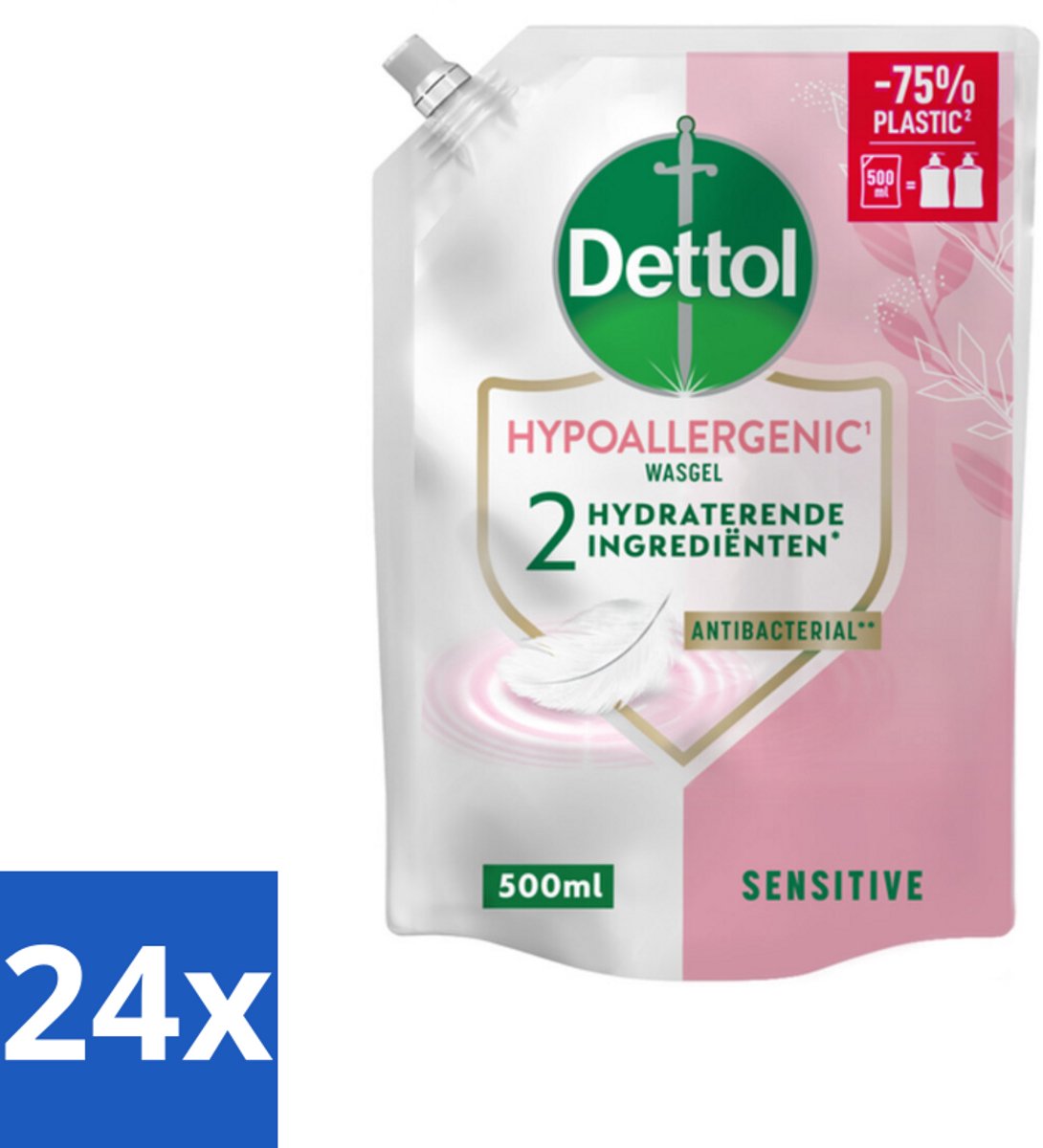 24 x Dettol - Handzeep Navulling - Hypoallergenic - Sensitive - 500 ml - Handzeep Navulling - Hypoallergene Handzeep - Gevoelige Huid - Antibacteriële Zeep - Duurzame Handzeep