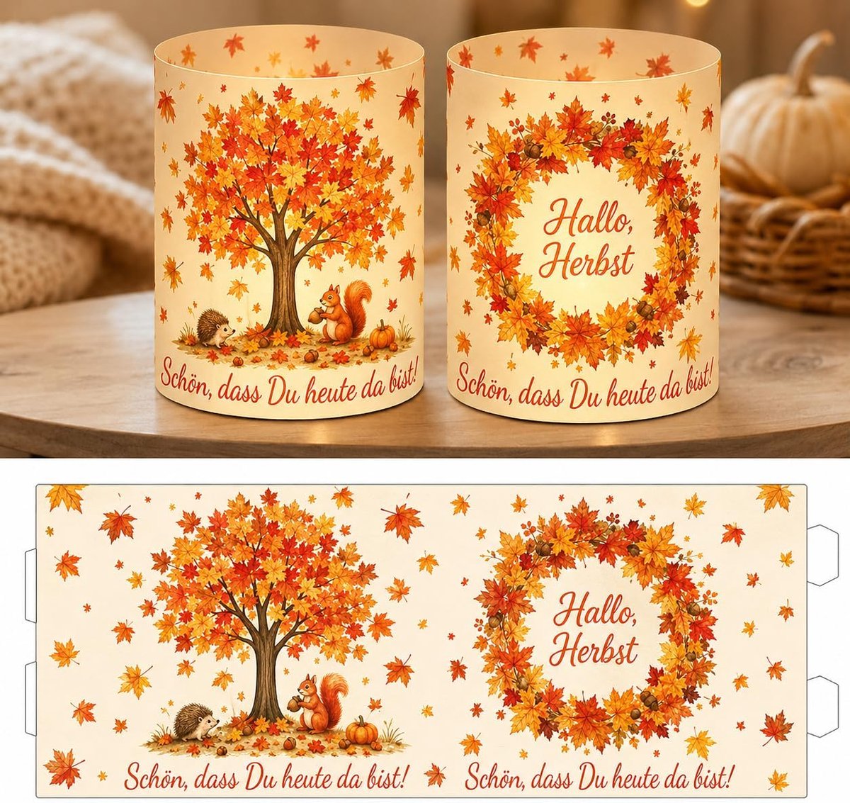 windlicht-hoezen herfstdeco 12 stuks - transparante folie - met bladeren en pompoenen - sfeervolle verlichting - ShopVlot