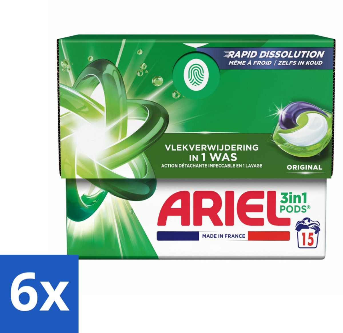 6 x Ariel - 3in1 Wasmiddel Pods - Original - 15 Pods - Ariel Wasmiddel - Waspoeder - Wascapsules - Vlekkenverwijderaar - Wasmiddel Pods